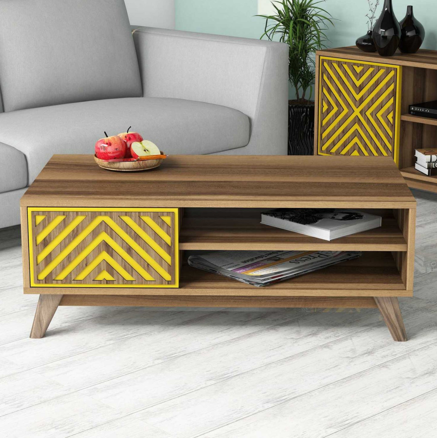 Coffee Table Hm9502.04 Melamine With Cabinet Walnut & Yellow 105x60x38.2hcm.