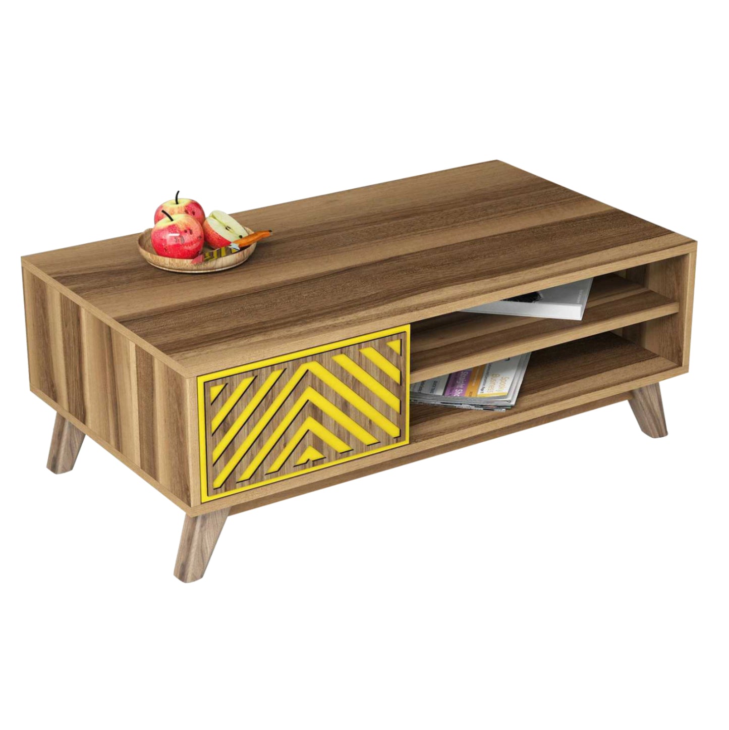 Coffee Table Hm9502.04 Melamine With Cabinet Walnut & Yellow 105x60x38.2hcm.