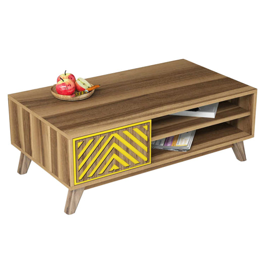 Coffee Table Hm9502.04 Melamine With Cabinet Walnut & Yellow 105x60x38.2hcm.