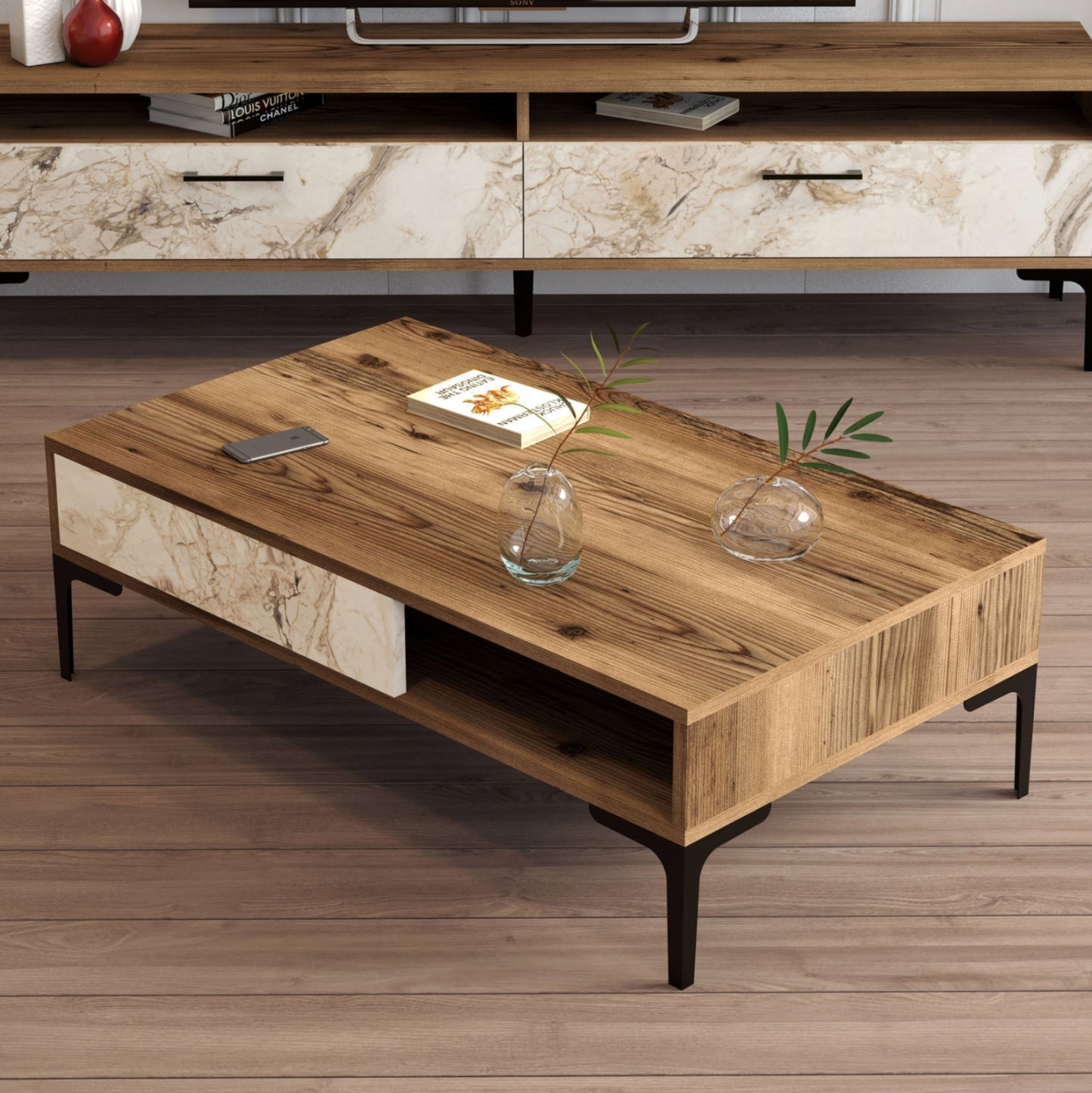 Coffee Table Hm9503.05 Melamine Walnut-white Marble Look & Metal Legs 105x60x32.6hcm.