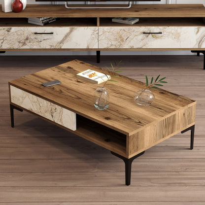 Coffee Table Hm9503.05 Melamine Walnut-white Marble Look & Metal Legs 105x60x32.6hcm.