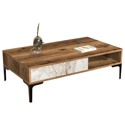 Coffee Table Hm9503.05 Melamine Walnut-white Marble Look & Metal Legs 105x60x32.6hcm.