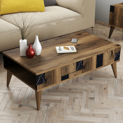 Coffee Table Hm9504.02 Melamine In Walnut-black Marble Look 105x60x37.6hcm.