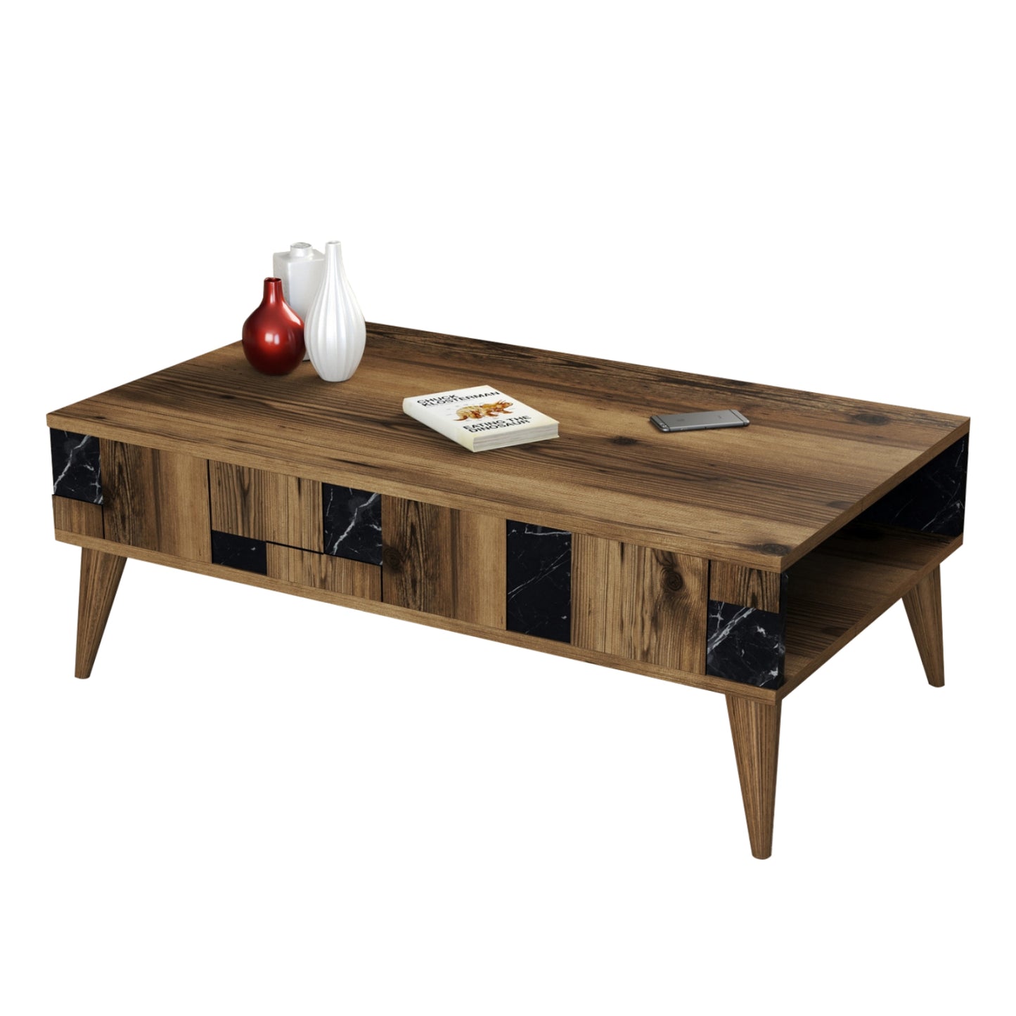 Coffee Table Hm9504.02 Melamine In Walnut-black Marble Look 105x60x37.6hcm.