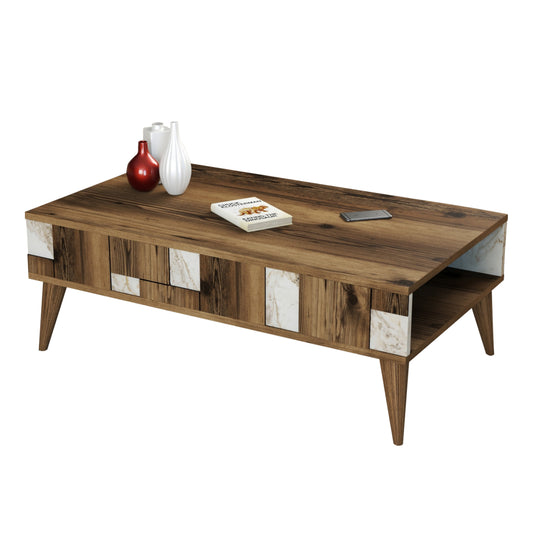 Coffee Table Hm9504.03 Melamine In Walnut-white Marble Look 105x60x37.6hcm.