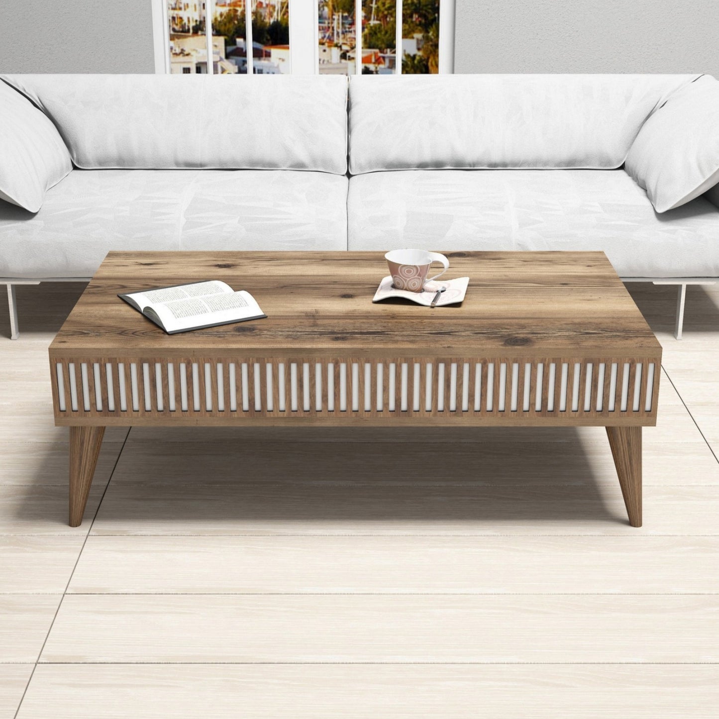 Coffee Table Hm9505.01 Melamine In Walnut Color With White Sides 105x60x34.6hcm.