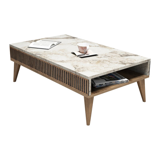 Coffee Table Hm9505.03 Melamine In Walnut-white Marble-look Top 105x60x34.6hcm.