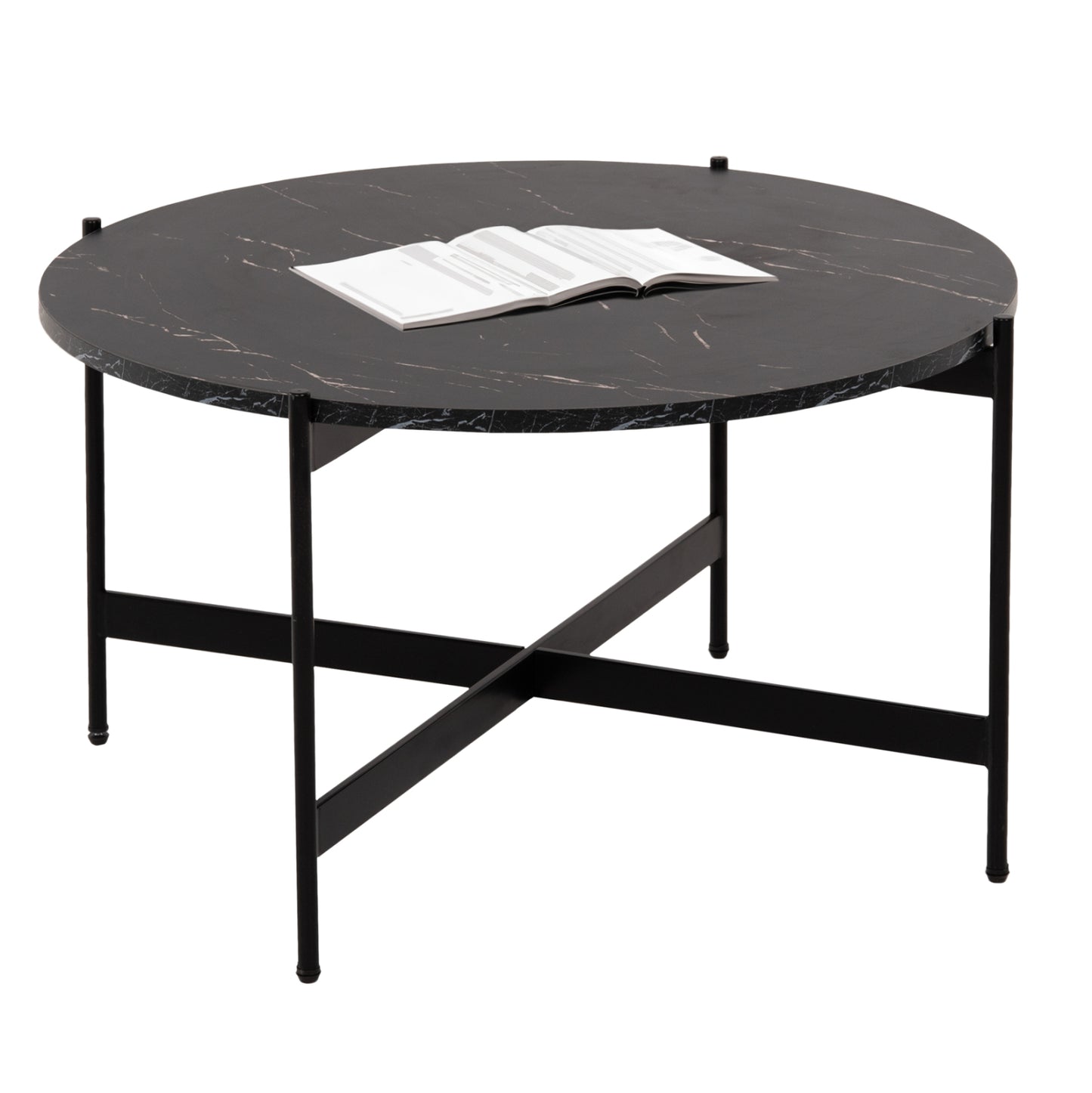 Coffee Table Hm9588.01 Mdf Black Marble Tabletop-black Metal Base Φ80x45hcm.