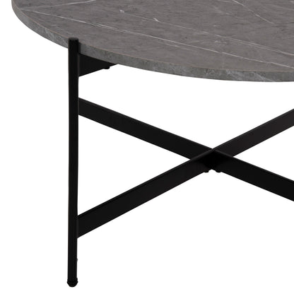 Coffee Table Hm9588.02 Mdf Grey Marble Tabletop-black Metal Base Φ80x45hcm.