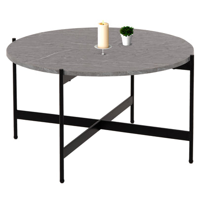 Coffee Table Hm9588.02 Mdf Grey Marble Tabletop-black Metal Base Φ80x45hcm.