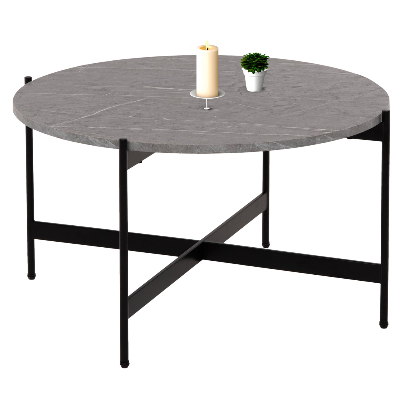 Coffee Table Hm9588.02 Mdf Grey Marble Tabletop-black Metal Base Φ80x45hcm.