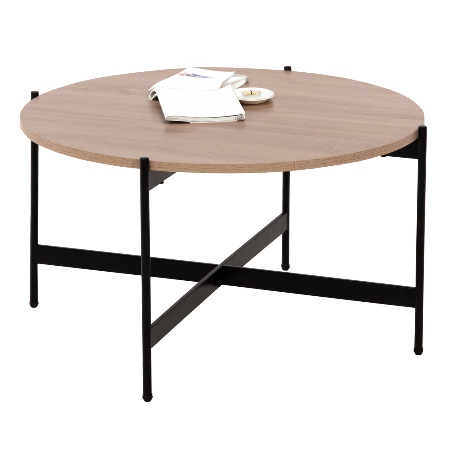 Coffee Table Hm9588.03 Mdf Sonoma Tabletop-black Metal Base Φ80x45hcm.