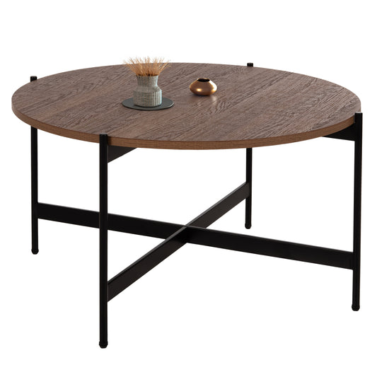 Coffee Table Hm9588.04 Mdf White Walnut Tabletop-black Metal Base Φ80x45hcm.