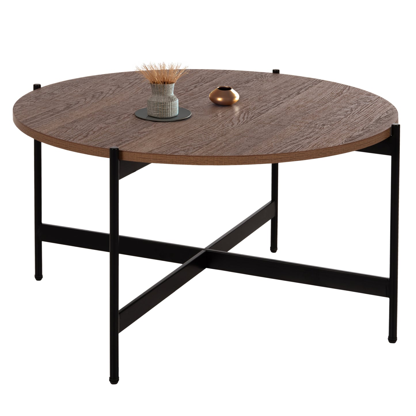 Coffee Table Hm9588.04 Mdf White Walnut Tabletop-black Metal Base Φ80x45hcm.