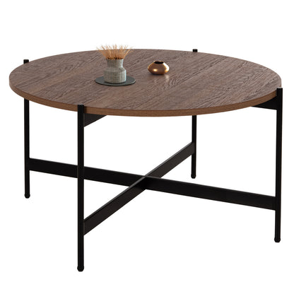 Coffee Table Hm9588.04 Mdf White Walnut Tabletop-black Metal Base Φ80x45hcm.