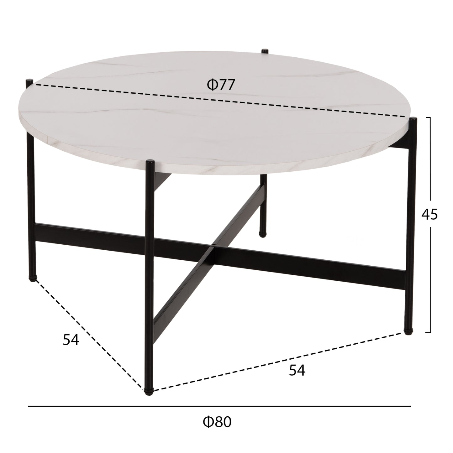 Coffee Table Hm9588.05 Mdf White Marble Tabletop-black Metal Base Φ80x45hcm.