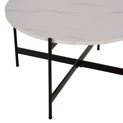 Coffee Table Hm9588.05 Mdf White Marble Tabletop-black Metal Base Φ80x45hcm.