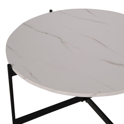 Coffee Table Hm9588.05 Mdf White Marble Tabletop-black Metal Base Φ80x45hcm.