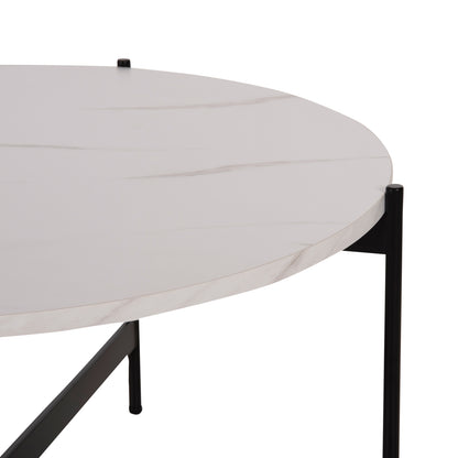 Coffee Table Hm9588.05 Mdf White Marble Tabletop-black Metal Base Φ80x45hcm.