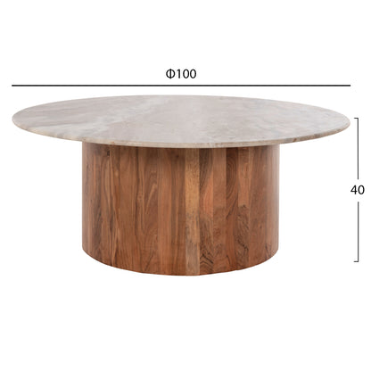 Coffee Table Formel Hm9671 Acacia Wood In Natural-white Marble Top Φ100x40hcm.