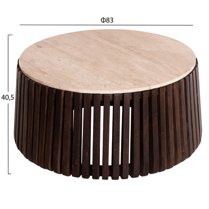 Coffee Table Krest Hm9711 Acacia Wood In Light Brown-white Travertine Φ90x40hcm.