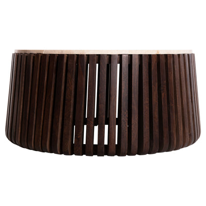 Coffee Table Krest Hm9711 Acacia Wood In Light Brown-white Travertine Φ90x40hcm.