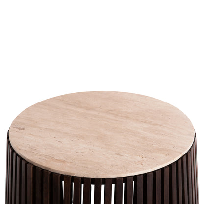 Coffee Table Krest Hm9711 Acacia Wood In Light Brown-white Travertine Φ90x40hcm.