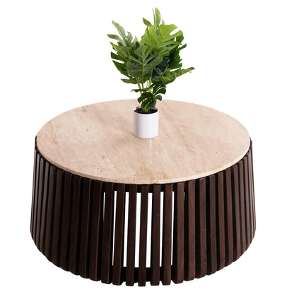 Coffee Table Krest Hm9711 Acacia Wood In Light Brown-white Travertine Φ90x40hcm.