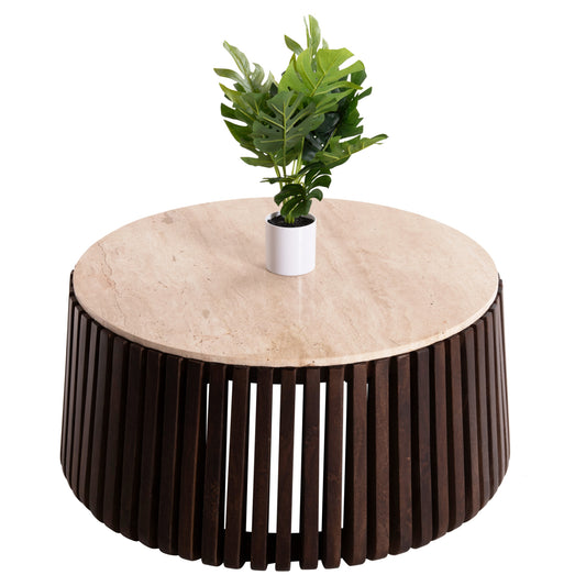 Coffee Table Krest Hm9711 Acacia Wood In Light Brown-white Travertine Φ90x40hcm.