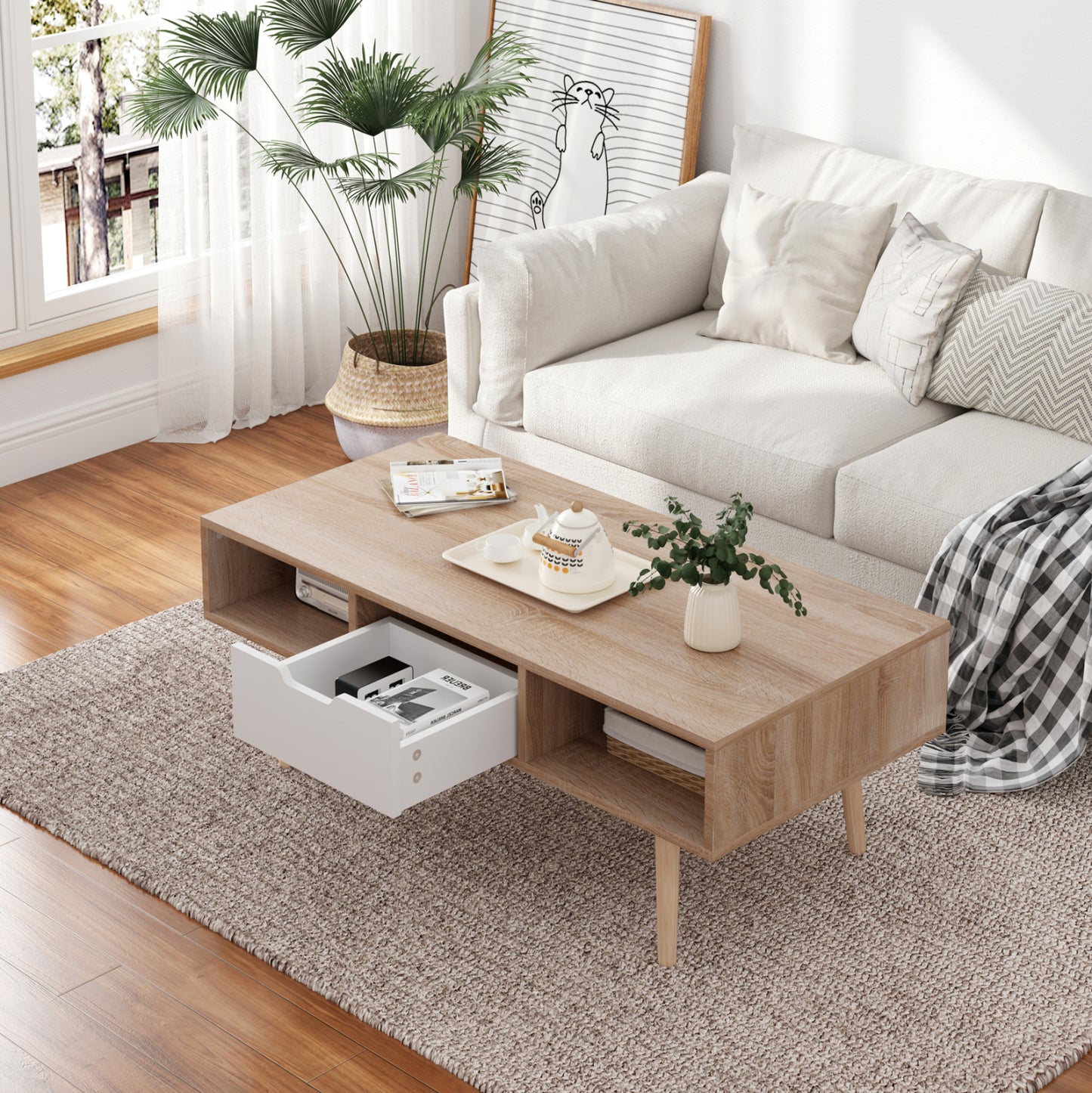 Coffee Table Krener Hm9877.04 Melamine In Sonama & White-solid Pine Wood Legs 104Χ50Χ42hcm.