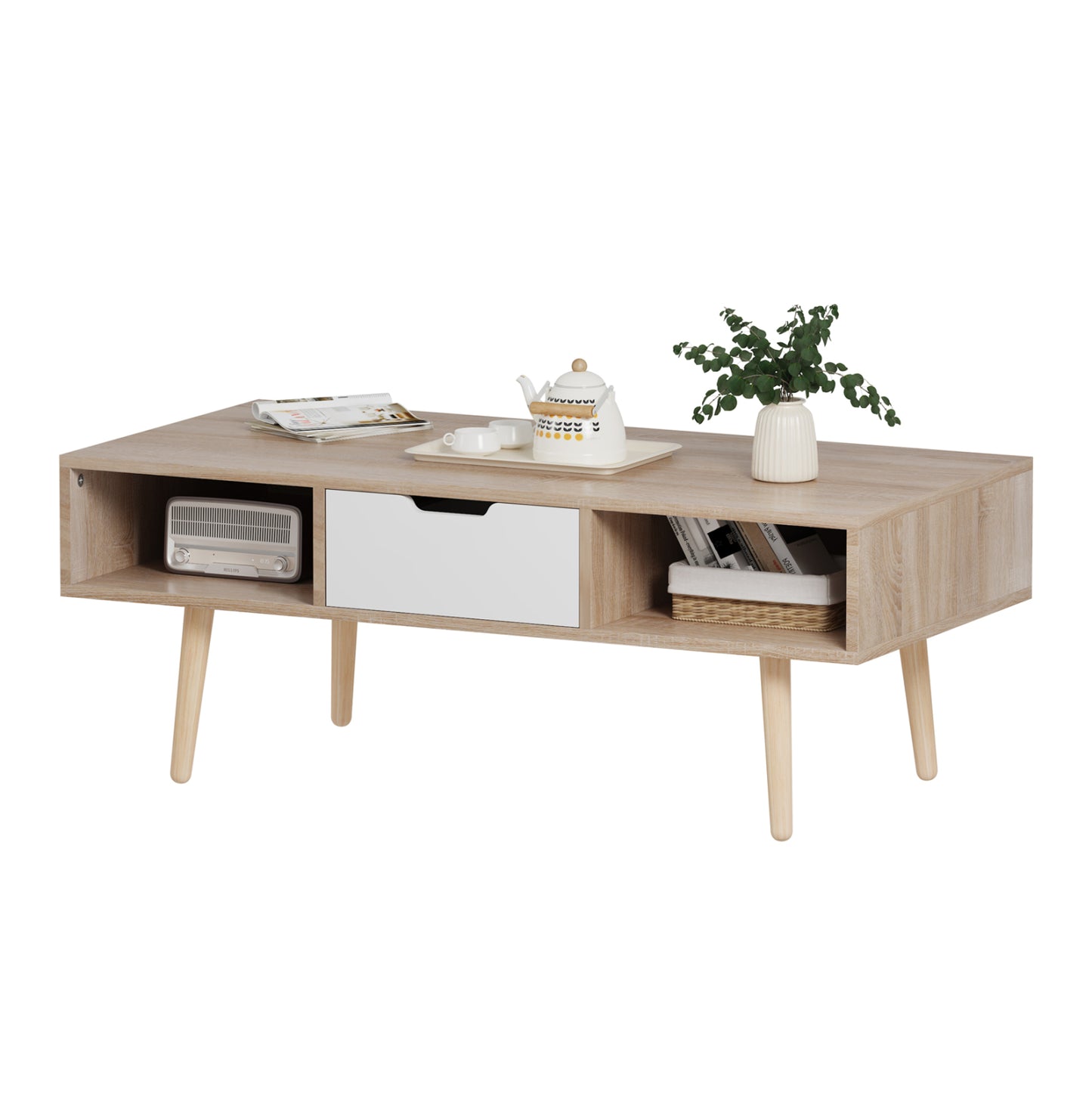 Coffee Table Krener Hm9877.04 Melamine In Sonama & White-solid Pine Wood Legs 104Χ50Χ42hcm.