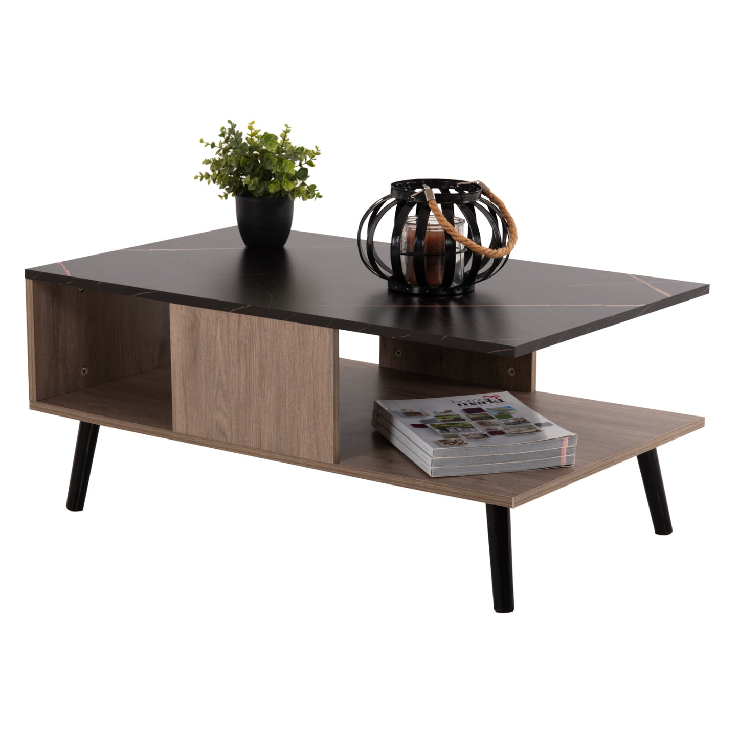 Coffee Table With Shelf Gunnez Hm9036.21 Walnut & Black Marble Look 90x54x38.5h Cm.