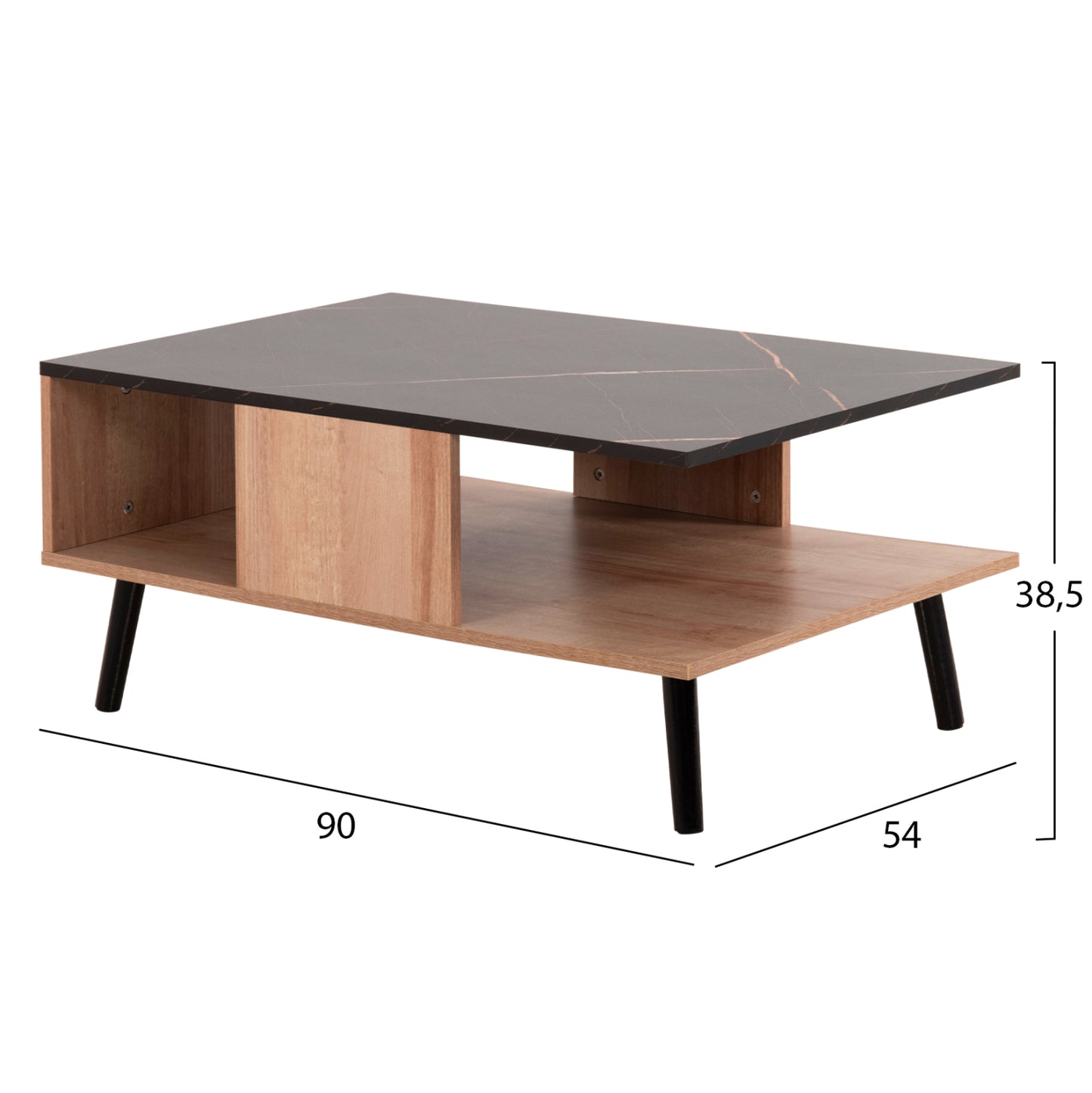 Coffee Table With Shelf Gunnez Hm9036.22 Oak-black Marble Look 90x54x38,5h Cm.