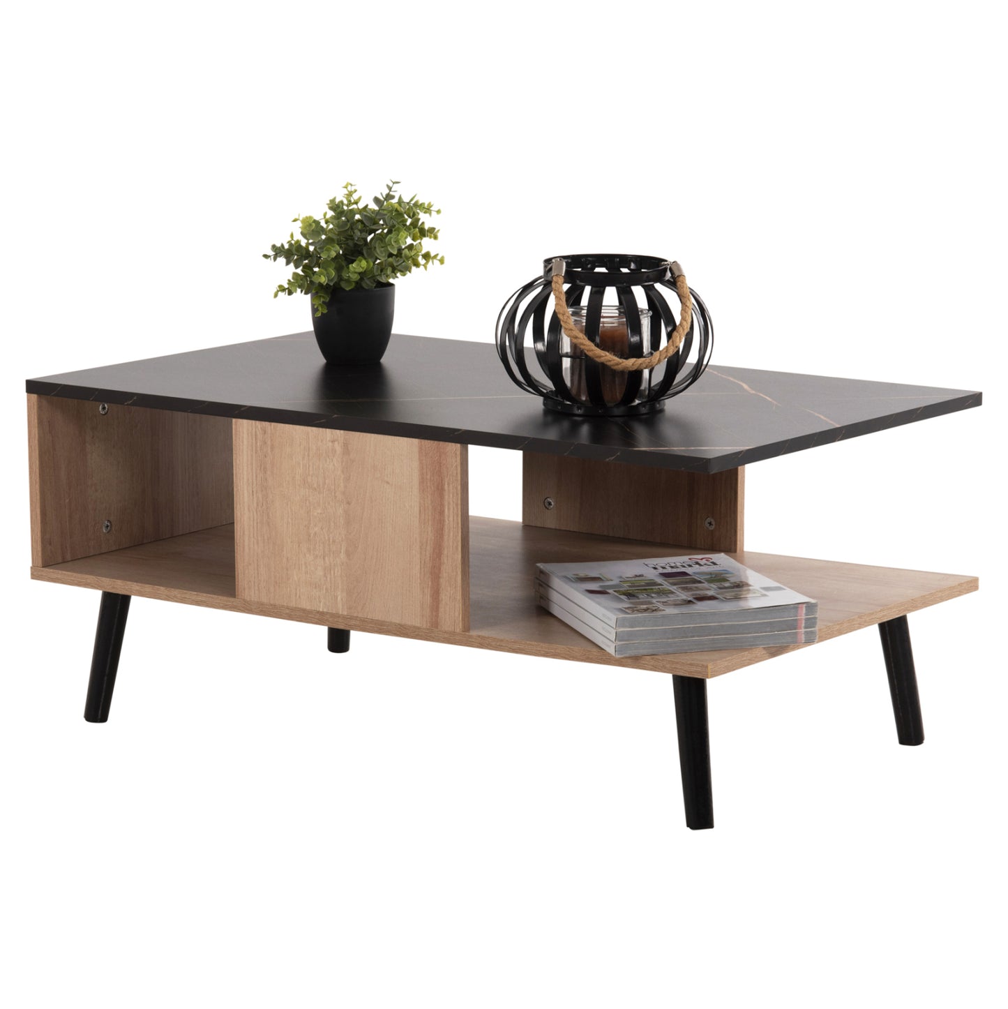 Coffee Table With Shelf Gunnez Hm9036.22 Oak-black Marble Look 90x54x38,5h Cm.