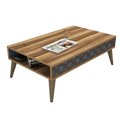 Coffee Table Melamine Hm9499.02 Walnut Color & Sky Blue Carved Sides 105x60x36.6hcm.
