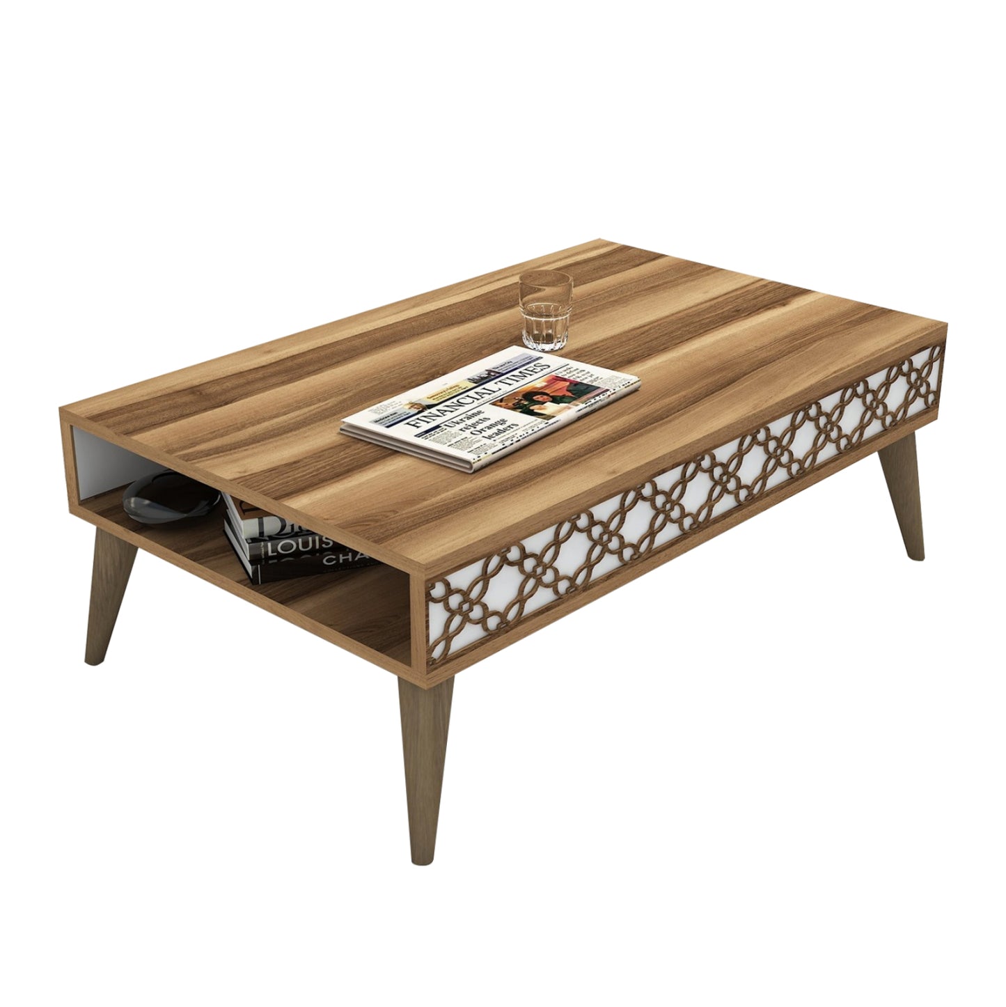 Coffee Table Melamine Hm9499.04 In Walnut Color And White Sides 105x60x36.6hcm.