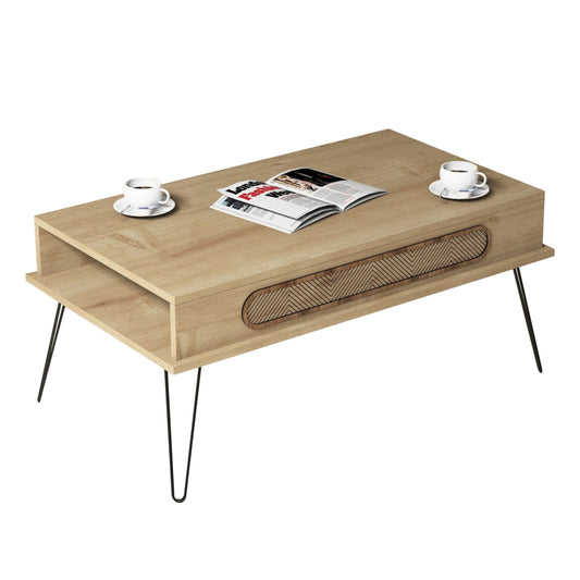 Coffee Table Melamine Hm9500.01 Oak Color-metallic Legs 105x56x45.8hcm.