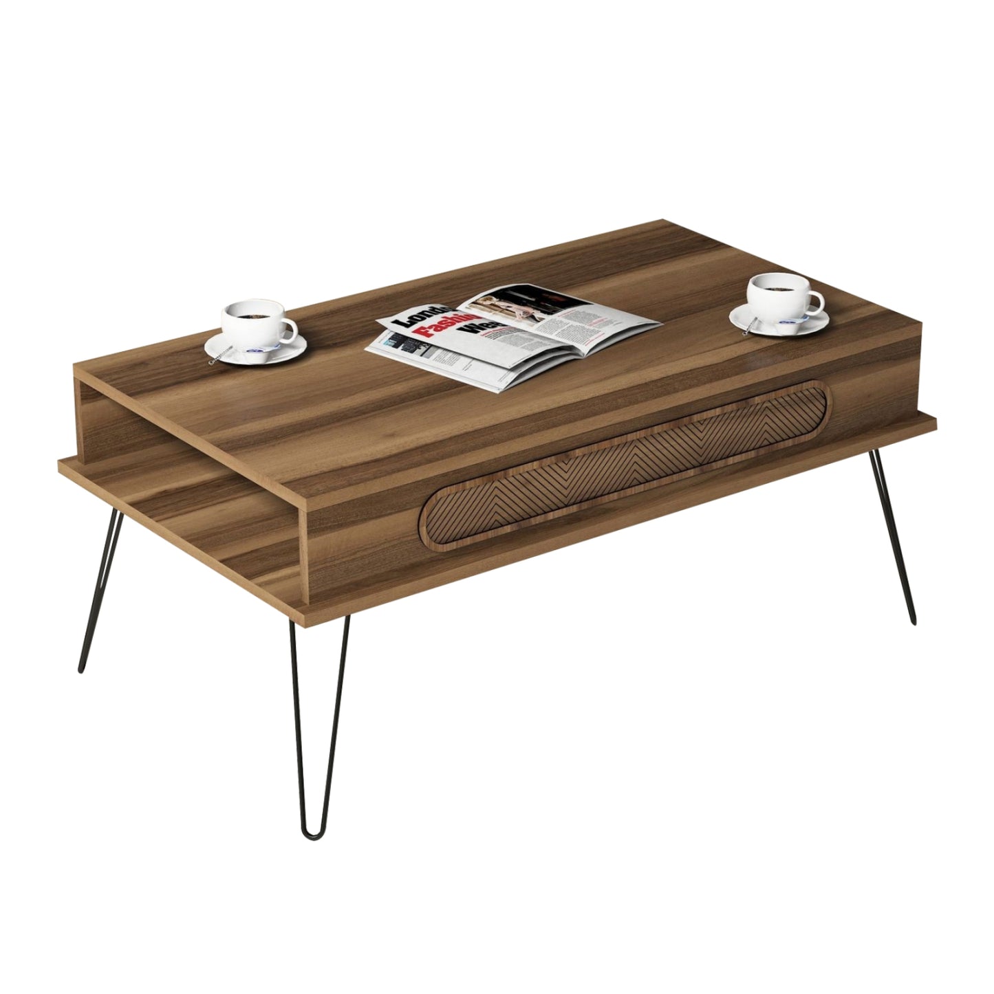 Coffee Table Melamine Hm9500.02 In Walnut Color-metallic Legs 105x56x45.8hcm.