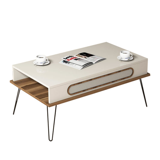 Coffee Table Melamine Hm9500.03 In Cream Color-metallic Legs 105x56x45.8hcm.