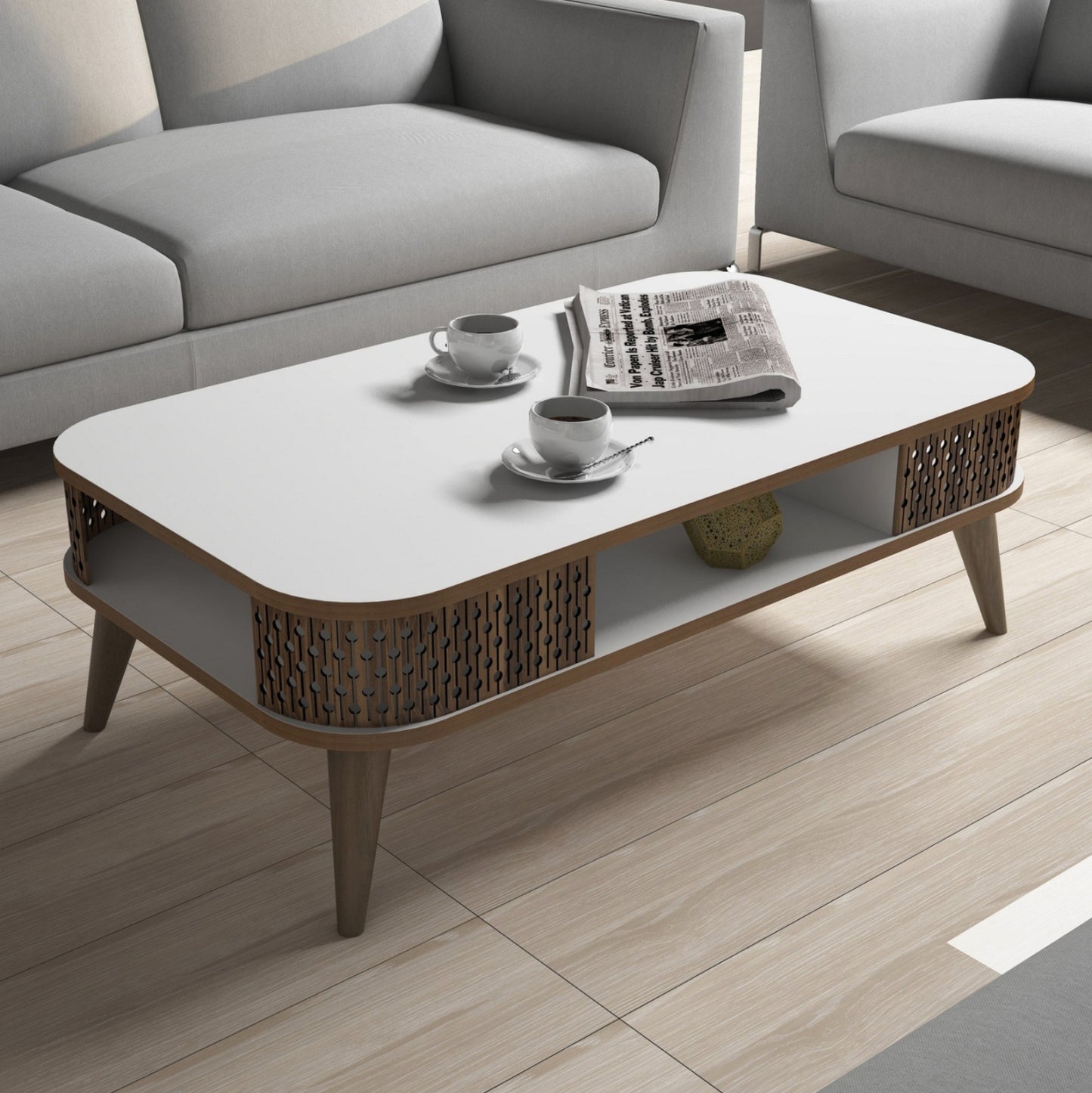 Coffee Table Melamine Hm9501.03 In White-walnut Color 105x60x34.6hcm.
