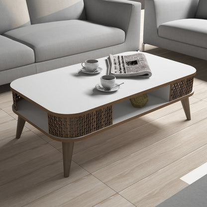 Coffee Table Melamine Hm9501.03 In White-walnut Color 105x60x34.6hcm.