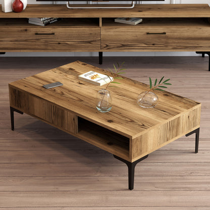 Coffee Table Melamine Hm9503.01 In Walnut Color & Metal Legs 105x60x32.6hcm.