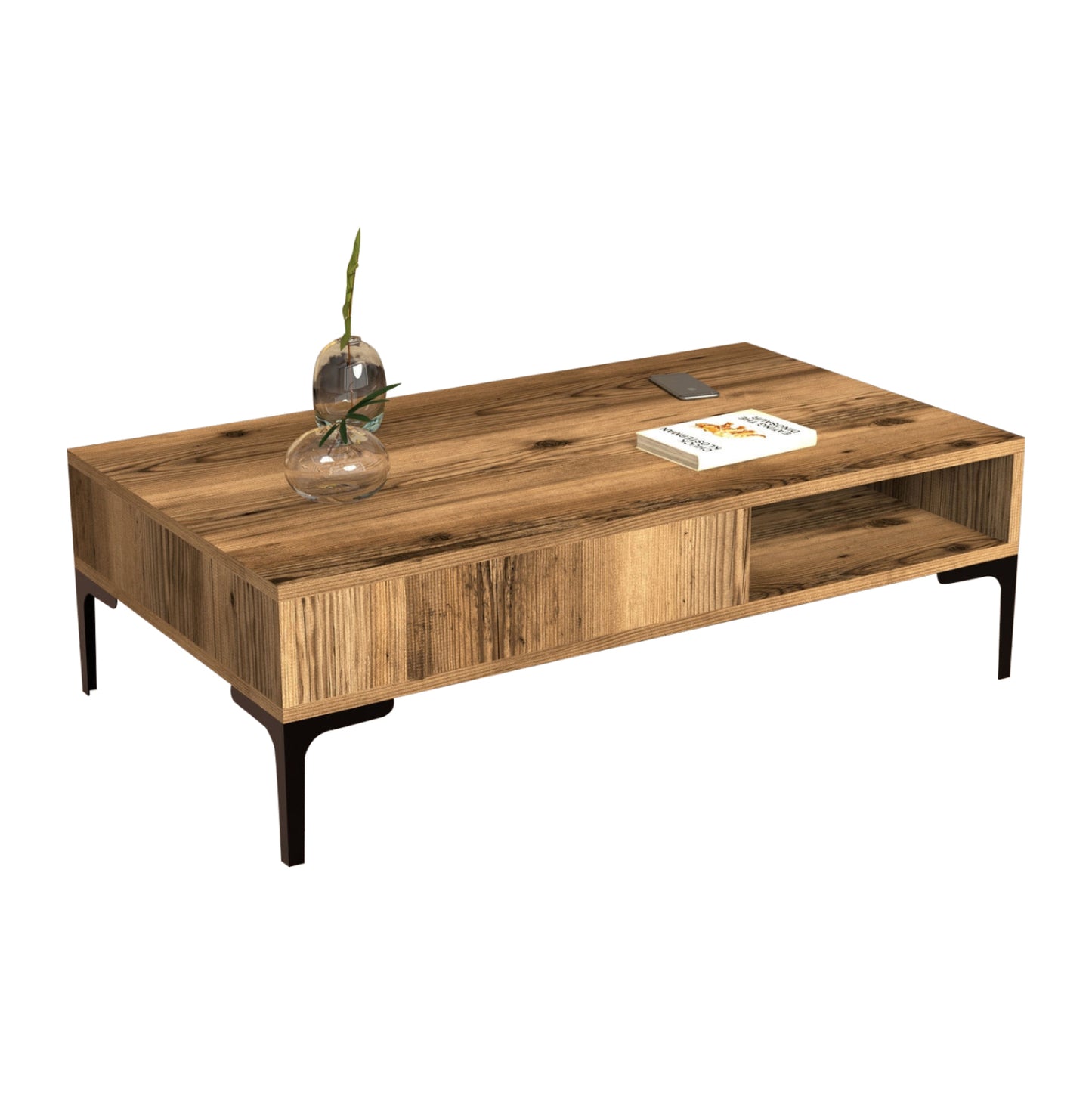Coffee Table Melamine Hm9503.01 In Walnut Color & Metal Legs 105x60x32.6hcm.