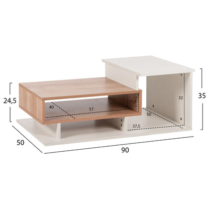 Coffee Table Rosamund Hm8868.11 Melamine In White & Natural 90x50x24,5-35hcm.