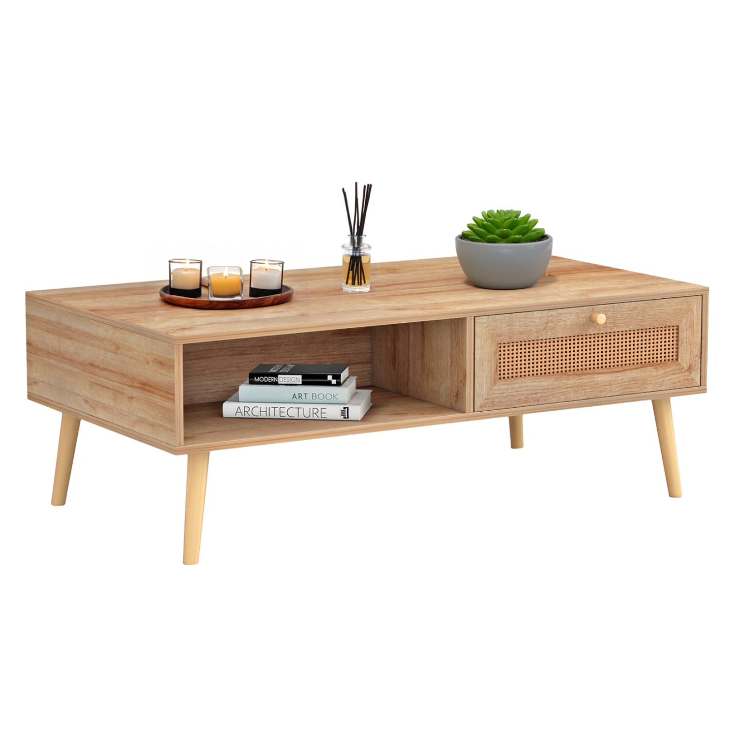 Coffee Table Colm Melamine Rattan Hm9224.11 In Natural Color 110x59x39,5hcm.
