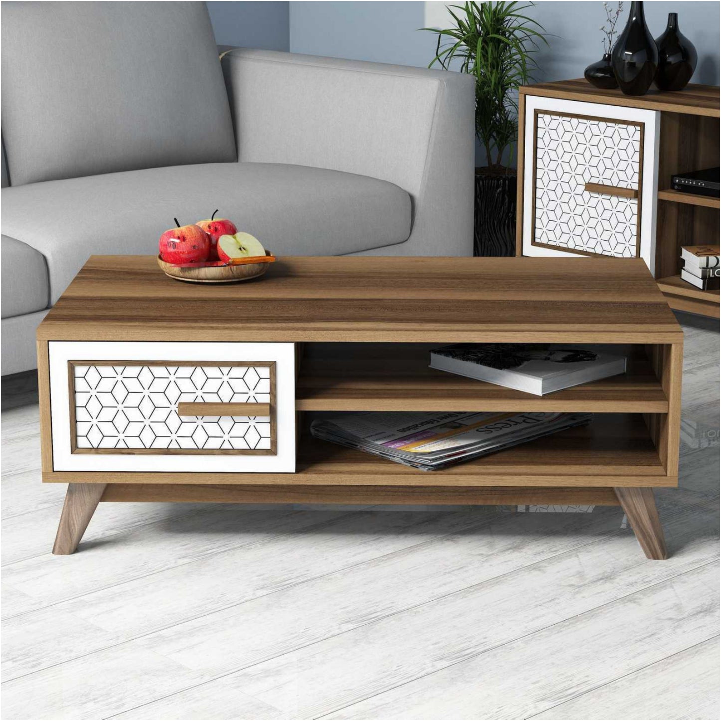 Coffee Table Melamine In Walnut Color With White Cabinet Door Hm9497.03 105x60x38,2hcm.