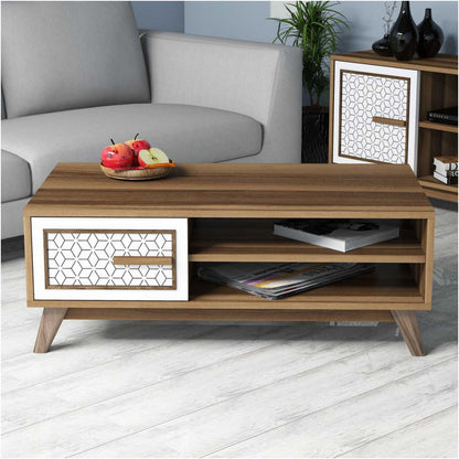 Coffee Table Melamine In Walnut Color With White Cabinet Door Hm9497.03 105x60x38,2hcm.