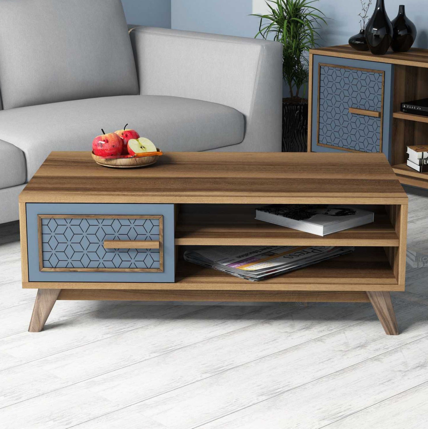 Coffee Table Melamine In Walnut Color With Blue Cabinet Door Hm9497.02 105x60x38,2hcm.