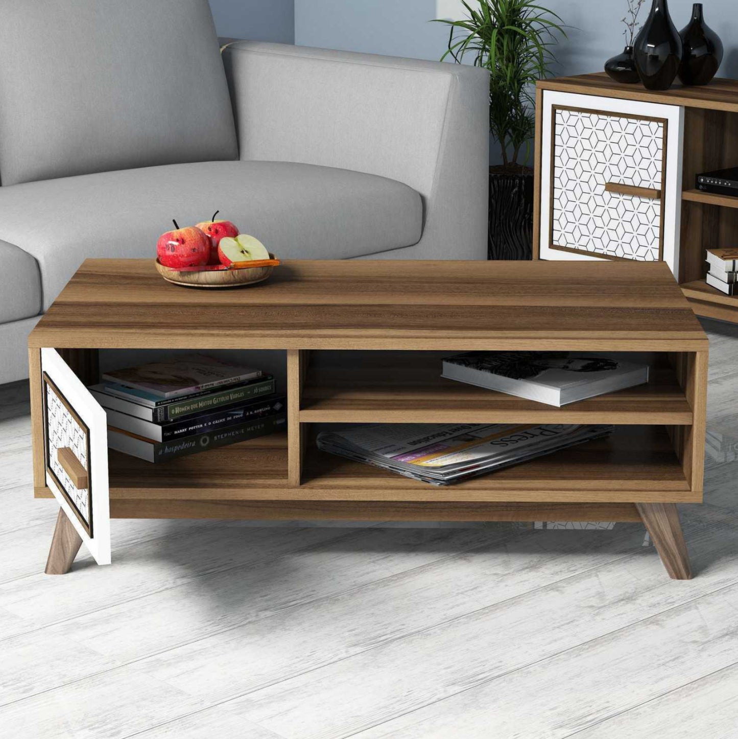 Coffee Table Melamine In Walnut Color With White Cabinet Door Hm9497.03 105x60x38,2hcm.