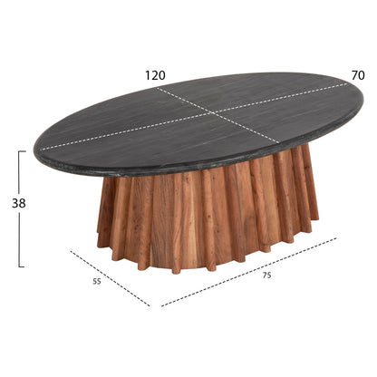 Coffee Table Oval Draxx Hm9934 Solid Acacia Wood-black Marble Top 120x70x38hcm.